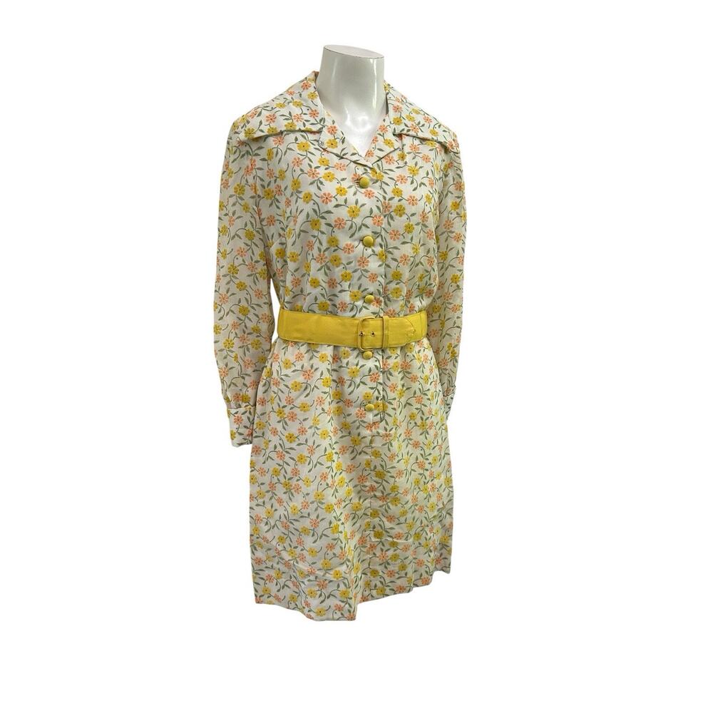 Cottagecore 60s Mod Daisy Floral Shirt Dress Yellow Belted Mini Midi Vintage M ^